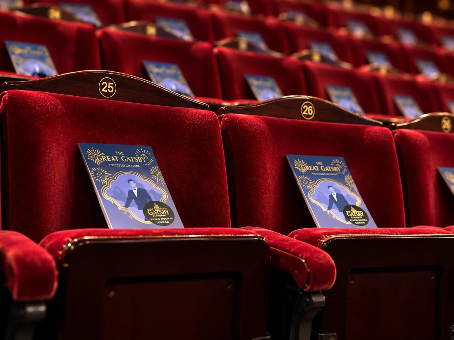 Close-up of red theatre seats with copies of The Great Gatsby resting against the seat backs.
